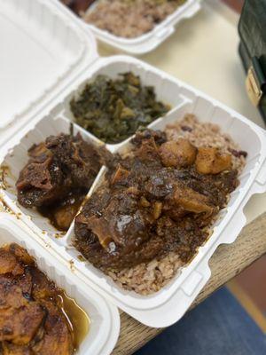 Oxtail, collard greens, rice and peas