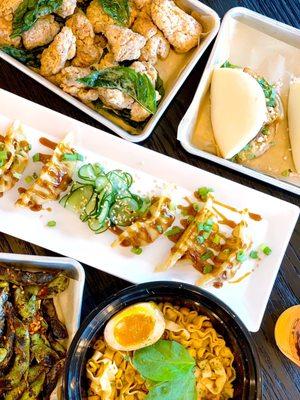 Popcorn chicken, potstickers, mala noodles, pork belly buns, edamame