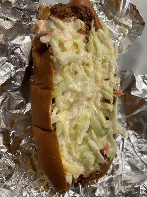 Here's the Classic English Dog with chili sauce and Cole Slaw! Wow!!