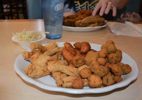 Fried Frog Legs, Fried Okra, Hushpuppies and Sour Coldslaw