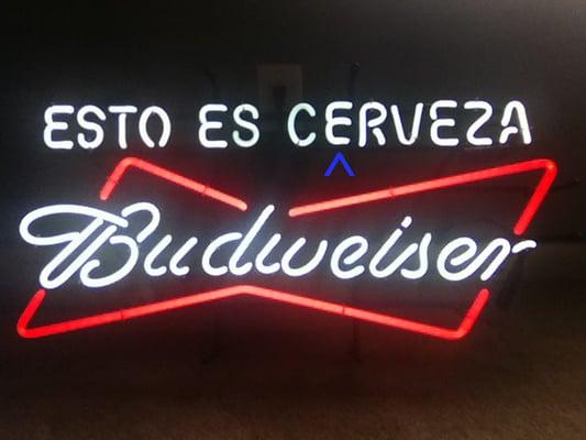 My now fixed neon beer sign. The letter "E", as marked, had broken during transit. The repair is impossible to see.