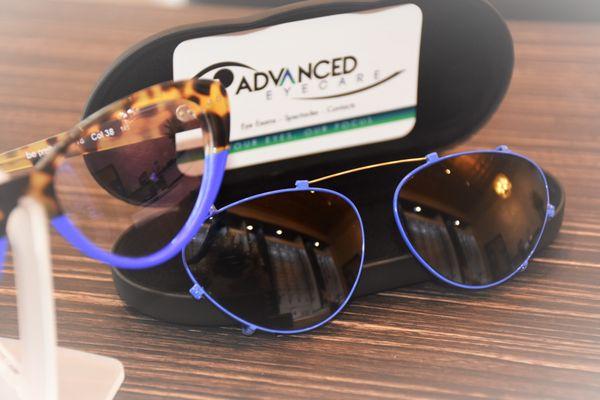 One of our Custom sun clips - Any shape-any size-any color... only at Advanced Eyecare.
                   Your Eyes, Our Focus