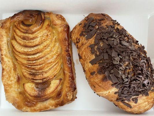 Apple pie pastry, chocolate croissant