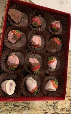 Chocolate covered strawberries immediately after receiving/ opening the box...poor presentation and ridiculously small strawberries.