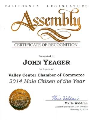 I am proud to be recognized as Valley Center's male citizen of the year for 2014! Thank you Assemblymember Marie Waldron.