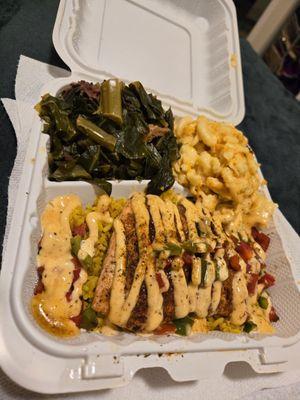 Grilled salmon platter with mac & cheese and collard greens