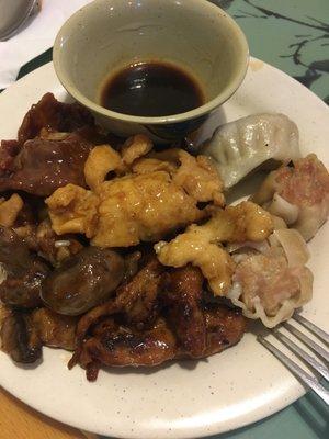 Chicken, mushrooms, hibachi chicken, pepper beef, pot stickers all delicious- hibachi beef is amazing