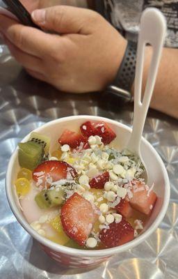 Strawberry Lemonade & Mango Swirl Sorbet with Strawberries, Kiwis, Mango, Mango Popping Boba, Coconut Flakes & Yogurt Chips!