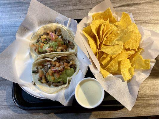 Carne Asada Taco, Personal Size Chips and 4 oz. Cheese Dip