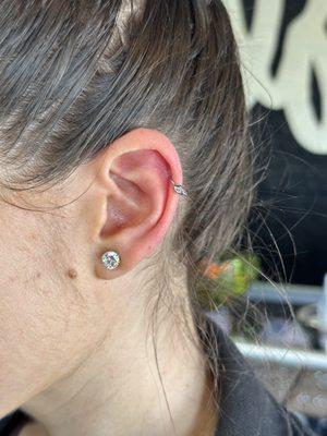 Helix Ear Piercing with CZ Gem'd Hoop! Yes we Pierce with Hoops as well as Flat Backs :)