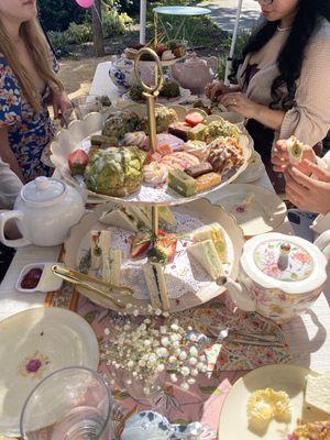 Outdoor seating for a Springtime tea party celebrating a birthday