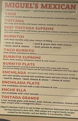 Menu for Miguel's