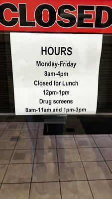 makeshift new hours sign that these lazy fks were too stpd to put on their website!!