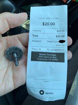 Receipt for tire patch & the culprit as a souvenir