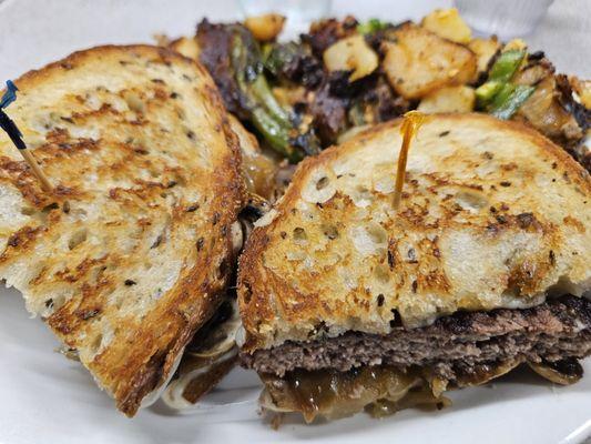 Swiss Patty Melt add mushrooms, Homefries add jalapeño