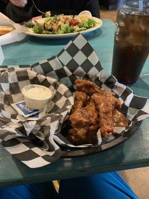 Duck wings with apricot honey mustard and ranch dressing