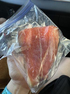 Yummm... frigid ziplock salmon no utensils