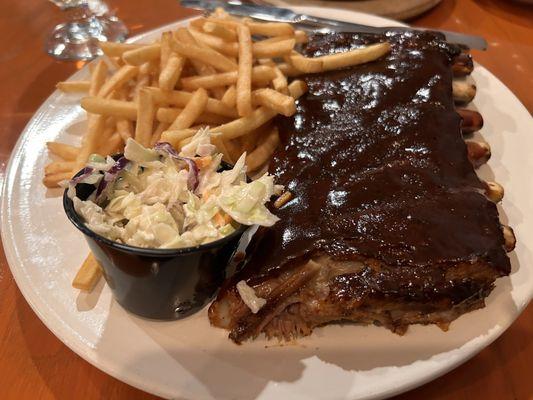 Baby Back BBQ Ribs, Half Rack, fries, coleslaw