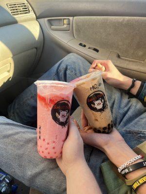 strawberry with strawberry popping boba, and coffee boba.