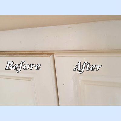 We clean the dirt from the top of the cabinets.