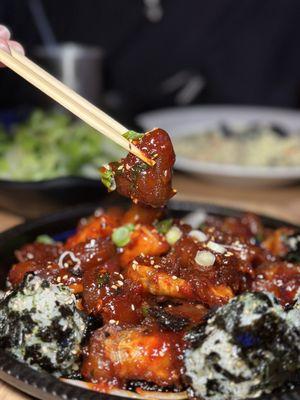 Braised pork feet (jokbal) stir fried in spicy sauce