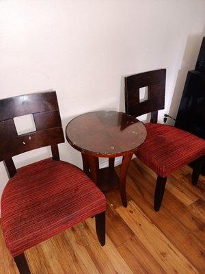 Damaged and stained furniture.