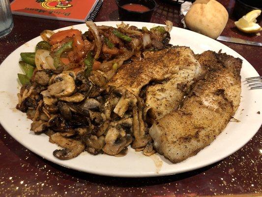 Blackened tilapia with mushrooms and veggies.