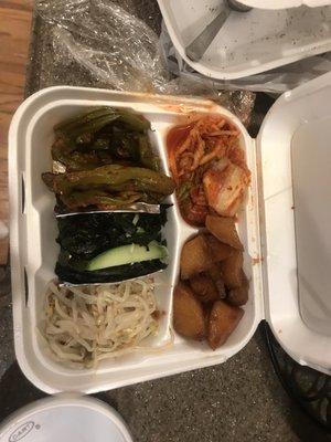 banchan! great seaweed salad and shisito peppers and braised potatoes