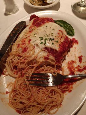 Veal Parmigiana w spaghetti in garlic &oil