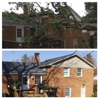 Before and after of a tree on a house in Charlotte, NC.