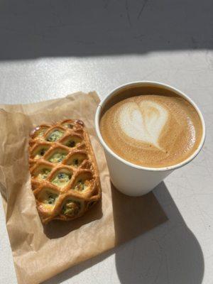 Latte w/ honey and oat milk + spinach and feta pie