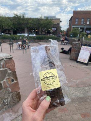 Chocolate covered pretzel stick (my fave), milk chocolate peanut cluster, maple cream dark chocolate (other fave)