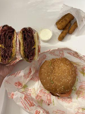 Pastrami dip sandwich, mushroom burger, Side of Fried Zucchini