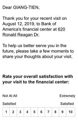 Customer survey you will receive after visiting this bank.