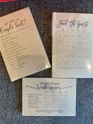 Printed bridal shower games, cut and individually wrapped.