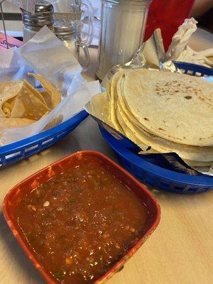 Fresh flour tortillas with chips and salsa