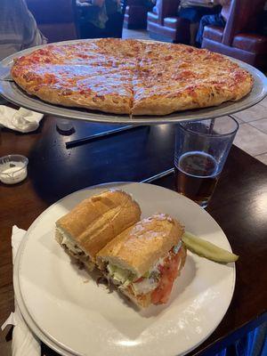 XL Cheese pizza and steak & shrimp hoagie.