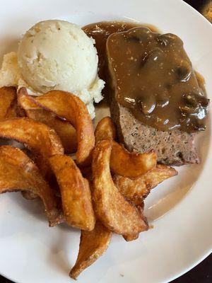 Meatloaf, mashed potatoes and fries