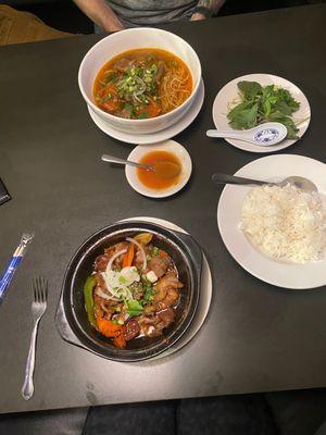 Pork clay pot (bottom) and Pho (top)