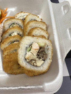 Tres Amigos roll-Chicken, carne asada & shrimp, cucumber, breaded and deep fried