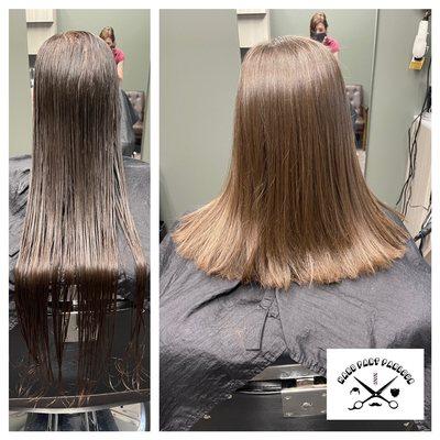 Transformation from long damaged hair to beautiful hair