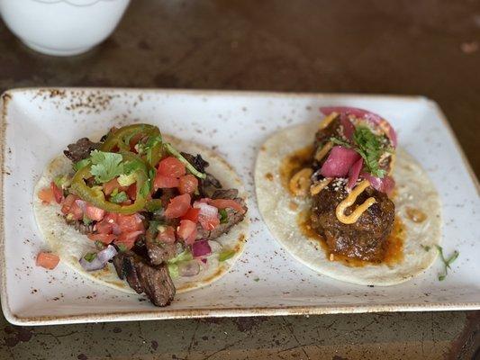 CARNE ASADA TACO (left) ALBONDIGAS TACO (right)