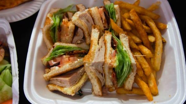 Roast Turkey tripple Decker with fries. Roast beef version is good too.