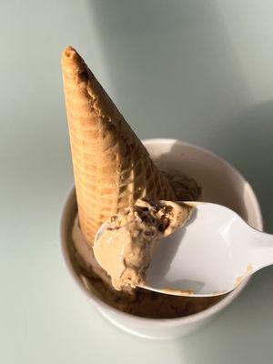 Single scoop of "Cafe Touba" ice cream flavor: Senegalese coffee ice cream, pepper brownie, & peanut brittle. $4.50 + tax + tip