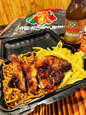 1/4 Quarter Dark - Jerk Chicken w/ Jamaican Chow Mein & Steamed Cabbage!....Thumbs Up!!