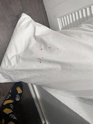 Blood stains on pillow my friend was sleeping on until she flipped to the other side so nasty