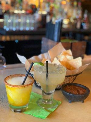 Frozen Mango margarita with tejin salt rim and Cadillac margarita at the bar