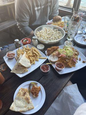 Popcorn, chicken quesadilla, and nachos