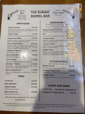 The Burning Barrel Bar menu