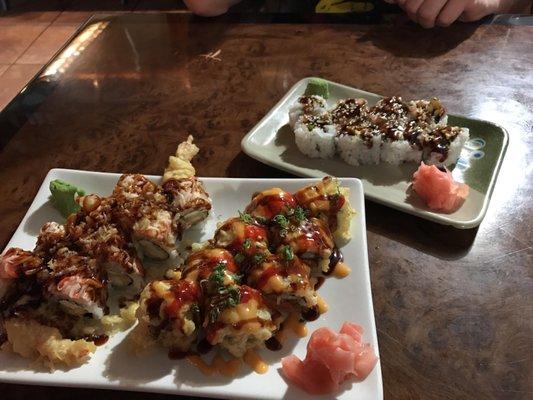 Left to right: Crusty crab roll, Nagoya Spicy roll, & eel roll